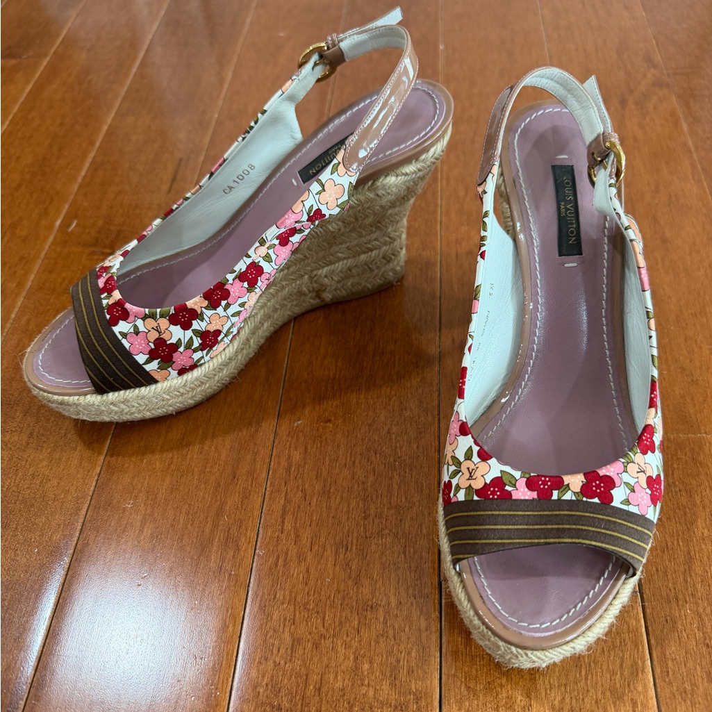 Louis Vuitton Floral Lv Open Toe Slingback Espadrille Wedge Sandal Shoes 38 (8)